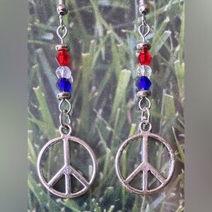 Antique Silver Patriotic Peace Sign Earrings with Red, Clear and Blue Crystals